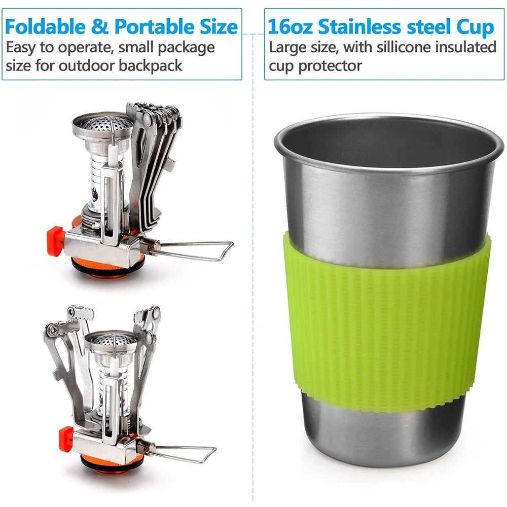Camping Kochgeschirr-Set mit Kocher Outdoor Kochset Outdoor Topf Reisebesteck Küche Wandern Picknick BBQ