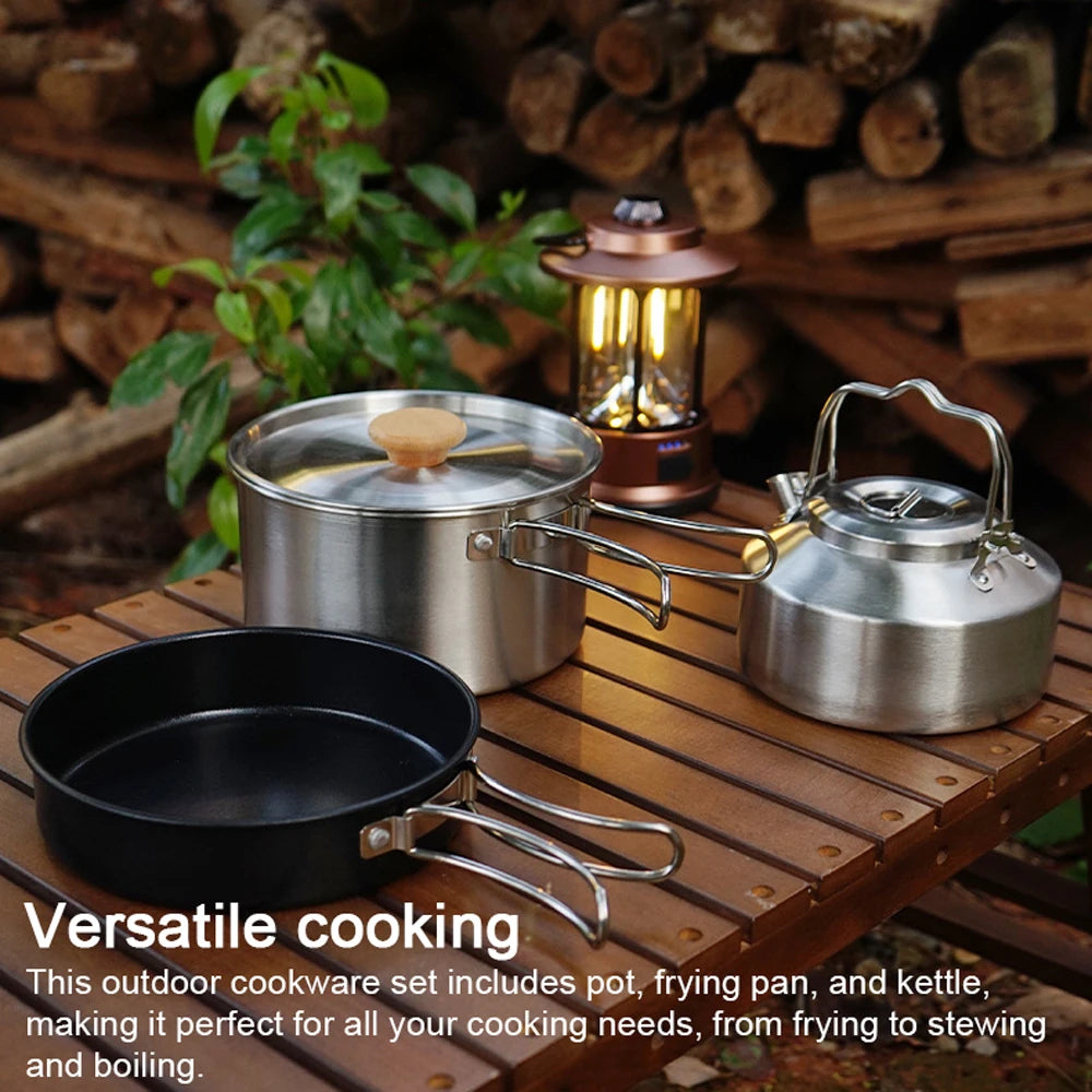 Camping-Kochgeschirr-Set Outdoor-Picknick-Kochgeschirr-Kit Edelstahl-Topf-Bratpfannen-Kessel-Set Reise-Kochzubehör