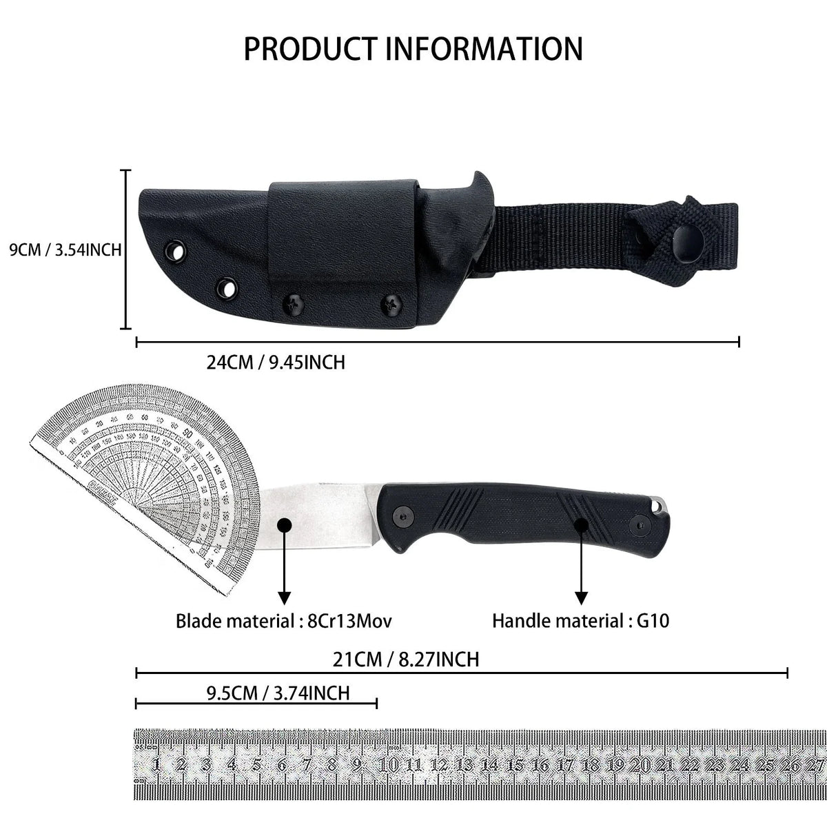 1089 Camping Hiking Jungle Adventure Knives Outdoor Multi-Purpose Fixed Blade Knife with Kydex Sheath G10 Handle EDC Pocket Tool