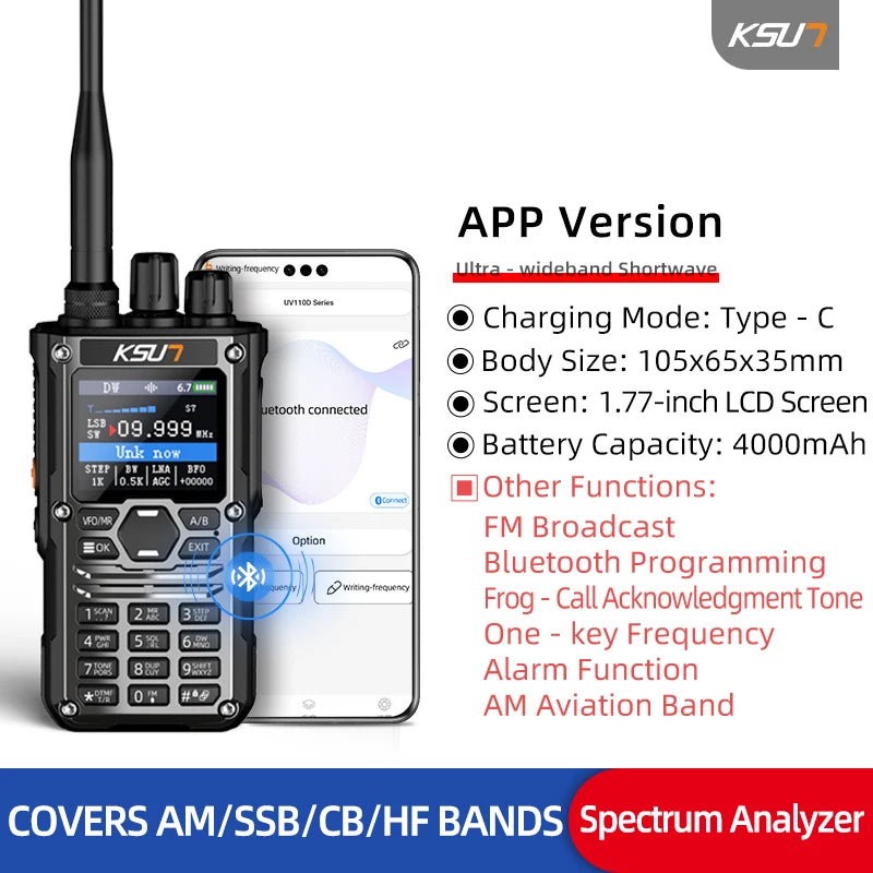 KSUN HF123D UHF VHF Dual HAM Band Radio AM FM NOAA CW SSB HF Shortwave Walkie Talkie 10W Blue-tooth Programming Radio