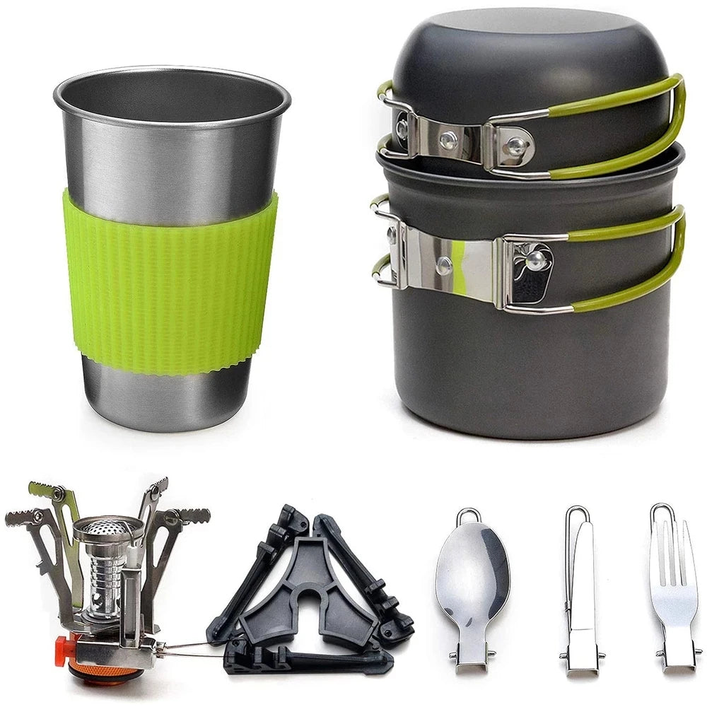 Camping Kochgeschirr-Set mit Kocher Outdoor Kochset Outdoor Topf Reisebesteck Küche Wandern Picknick BBQ