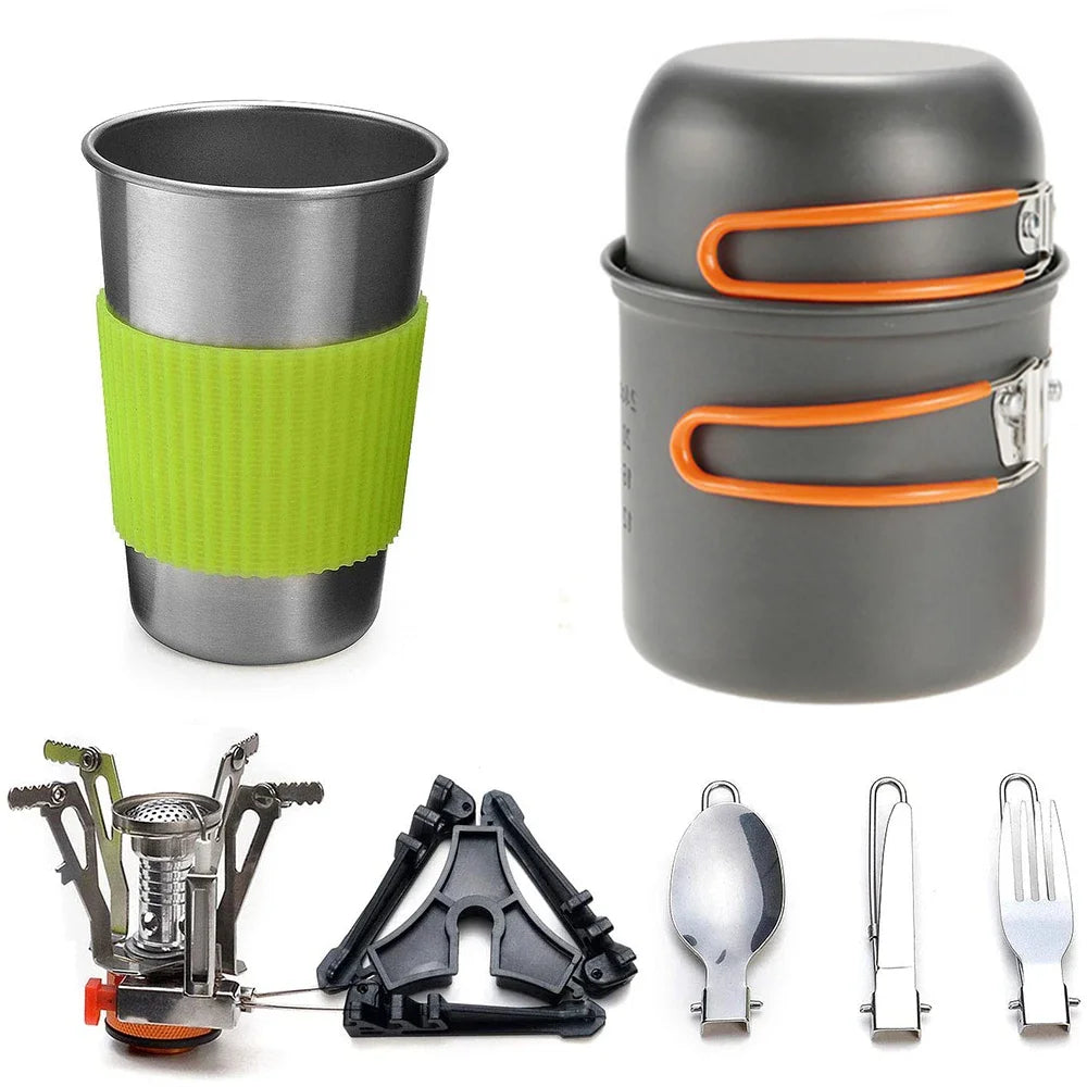 Camping Kochgeschirr-Set mit Kocher Outdoor Kochset Outdoor Topf Reisebesteck Küche Wandern Picknick BBQ
