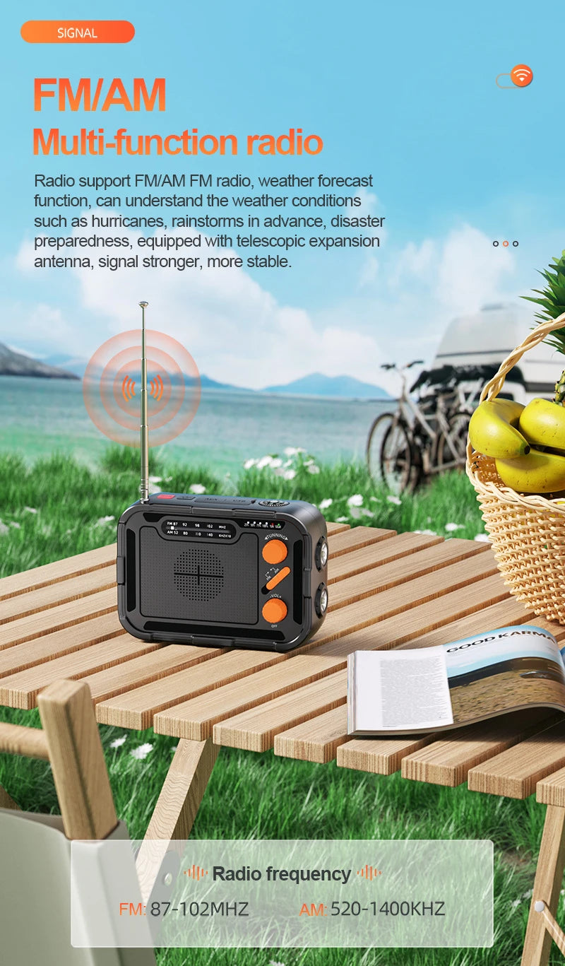 5000mAh Emergency Solar Power Bank Radio USB Charging Hand Crank Radio FM AM WB NOAA Weather Radio with LED Flashlight Powerbank