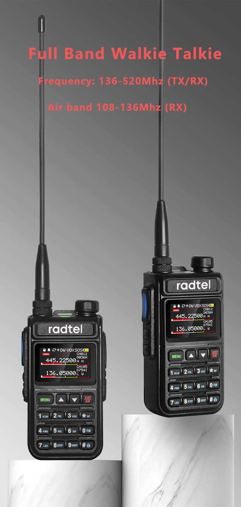 Radtel RT-890 NOAA Weather Channel 6 Band Ham  Amateur 2 Way Radio 999CH Walkie Talkie AM Air Aviation Band Color Scanner Marine