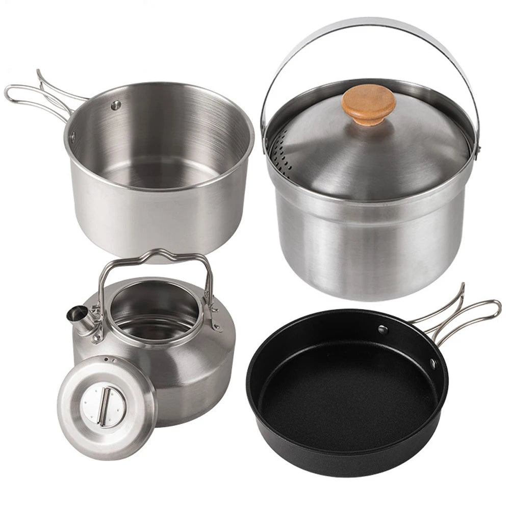 Camping-Kochgeschirr-Set Outdoor-Picknick-Kochgeschirr-Kit Edelstahl-Topf-Bratpfannen-Kessel-Set Reise-Kochzubehör